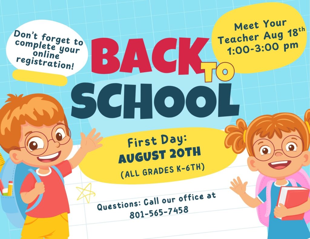 First Day back to school for grades k-6th is August 20th.  Meet your teacher August 18th 1:00-3:00 pm. Don't forget to complete your online registration!