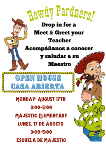 Meet and Greet your teacher. August 17th from 3-5 pm at the school.