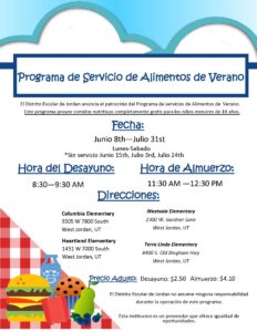 Spanish Summer Food Service Flyer with dates, times and locations for the summer feed program.